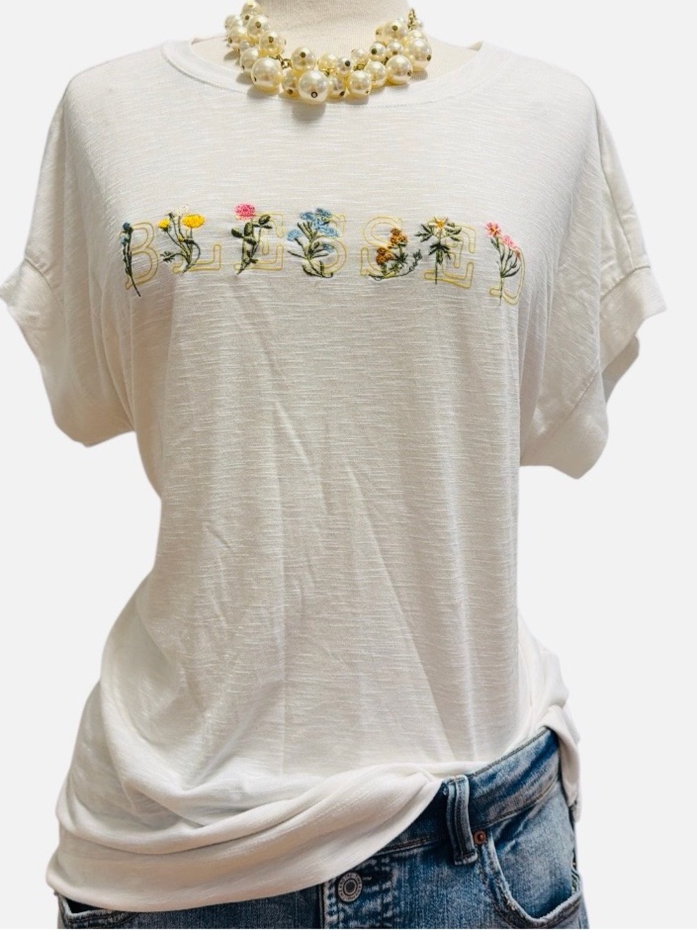 BLESSED-Floral Letter Embroidered White Women's Tee